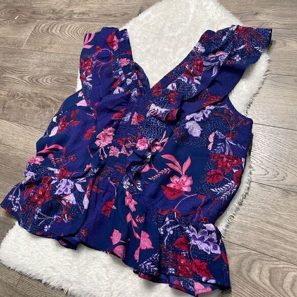 Sofia Vergara Top Womens XXL Blue Pink Floral Sleeveless Ruffle Blouse - Picture 5 of 12